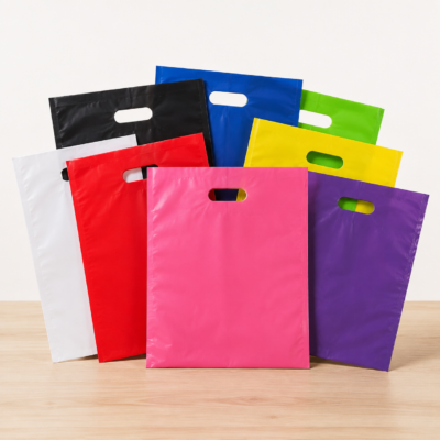 Practical colored nylon shopping bags with reinforced die-cut handles for convenient carrying. Suitable for boutiques, clothing stores, cosmetics, gifts, events, and everyday retail packaging. Colored Nylon Bags with Die-Cut Handles