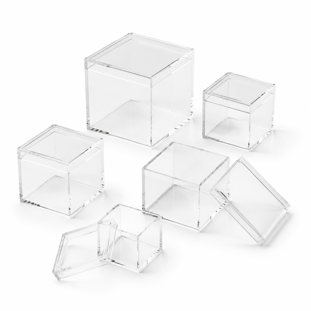 Clear square plexiglass boxes with removable lids in multiple sizes