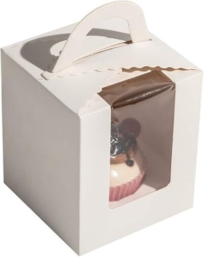 SINGLE WHITE CUPCAKE BOX + HANDLE 9*9*11