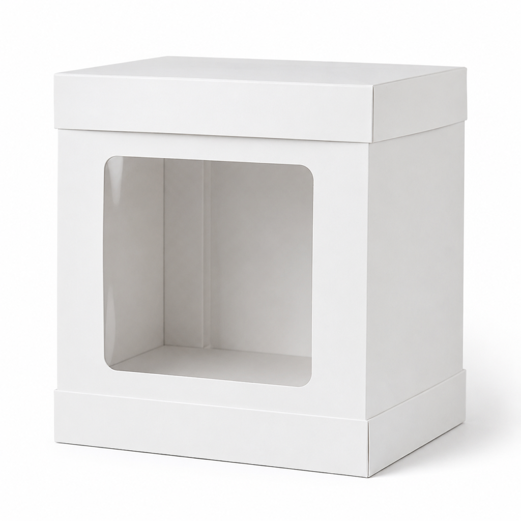 Tall white cardboard cake box with clear front window, removable lid and sturdy base