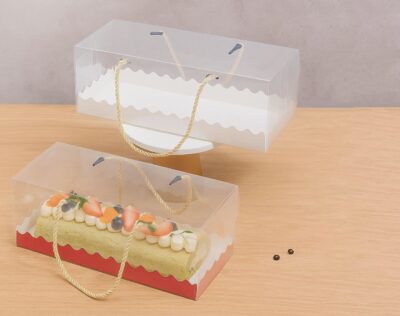 CAKE BOX + PVC BUCHE WHITE HANDLE-علبة بوش وجه شفاف مع حبلة
