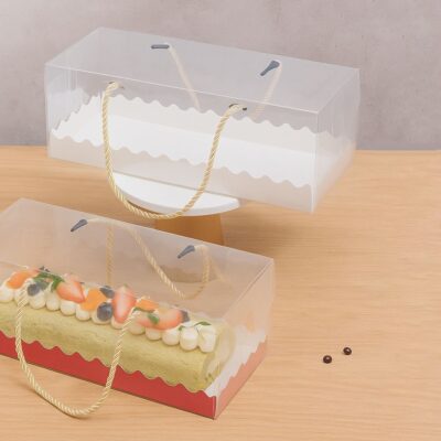 CAKE BOX + PVC BUCHE WHITE HANDLE-علبة بوش وجه شفاف مع حبلة