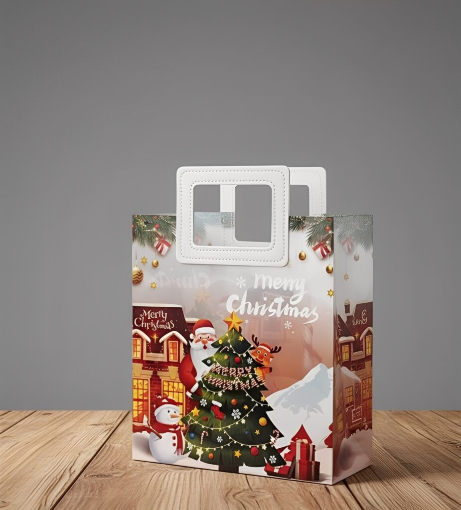 Christmas PVC Bag 18*20*9.5 Square Shape White Handle