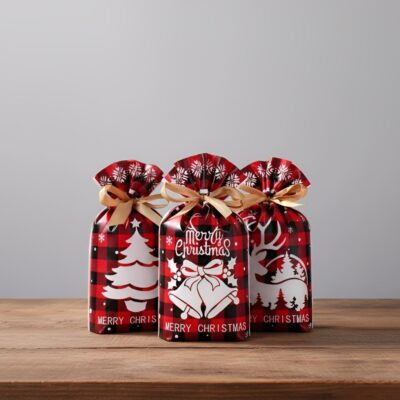 CHRISTMAS NYLON BAG '14.5*16*6' WITH ROPE STRIPPED RED&BLACK