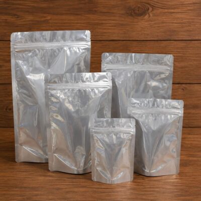 Silver resealable stand-up zipper pouches in multiple sizes on a wooden background