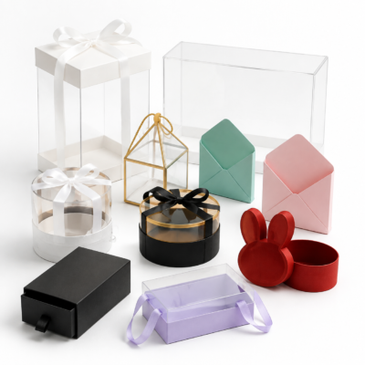 Assorted carton, gift, plexi, and PVC packaging boxes in different sizes and styles.
