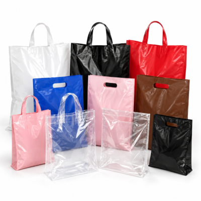 Colored nylon bags with loop and charm handles in different sizes.