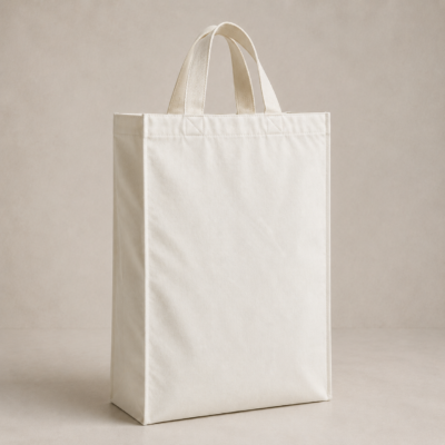 White reusable tote bag with handles and 10.5 cm gusset, measuring 34.5 × 41 cm. White reusable tote bag with handles and 10.5 cm gusset, measuring 34.5 × 41 cm.