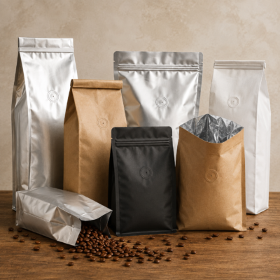 aluminum-kraft-paper-coffee-packaging-bags.webp Aluminum foil and kraft paper coffee packaging bags in different sizes and styles.