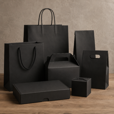ashoura-black-paper-bags-boxes-packaging.webp Ashoura packaging collection featuring black paper bags, cardboard boxes, and food packaging.