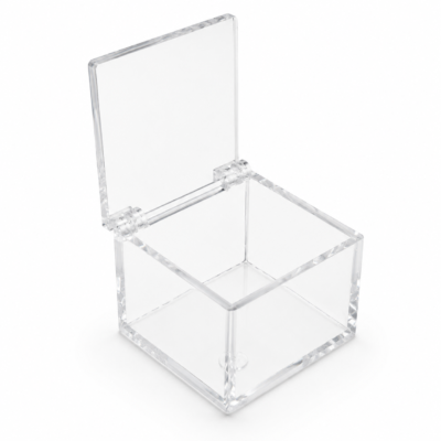 Clear square acrylic storage box with transparent hinged lid open