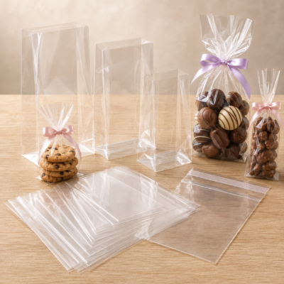 clear-cellophane-bags-gift-food-packaging.webp Clear cellophane bags in different sizes for gifts, chocolates, cookies, and food packaging.
