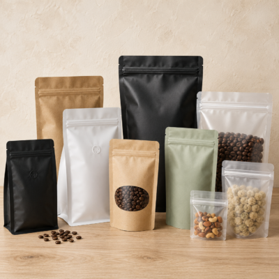 Coffee bags and resealable zipper pouches in kraft, black, white, and clear packaging.