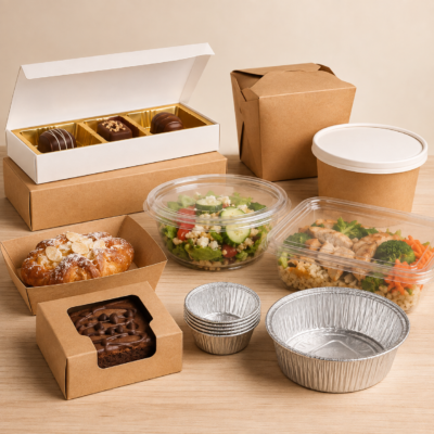 Food packaging supplies including chocolate boxes, plastic food containers, carton takeaway boxes, and aluminum cups.