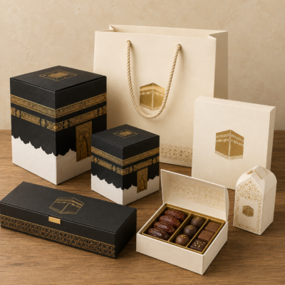 hajj-umrah-kaaba-gift-boxes-packaging.webp Hajj and Umrah packaging collection featuring Kaaba gift boxes, chocolate boxes, date boxes, and paper bags.