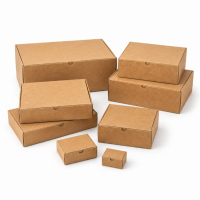 kraft-cardboard-gift-boxes-multiple-sizes.jpeg Kraft cardboard gift boxes with fold-over lids in multiple sizes on a wooden background