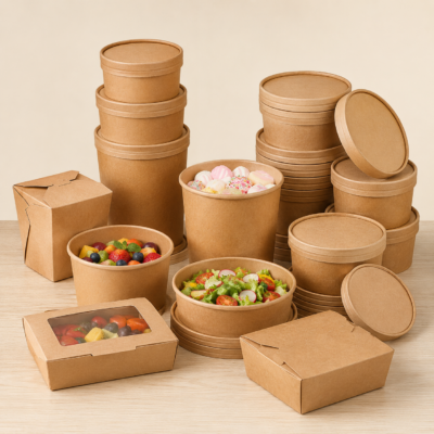 Kraft carton food containers, paper bowls with lids, salad tubs, and takeaway boxes in different sizes.