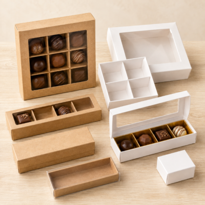 Kraft and white chocolate boxes with clear windows, compartment dividers, and chocolate trays.