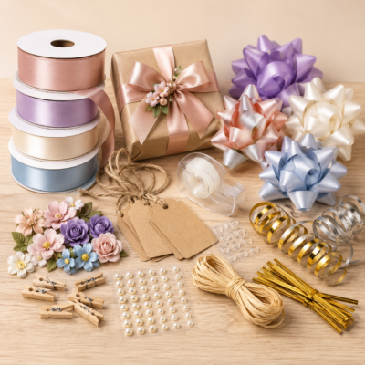 packaging-accessories-ribbons-bows-gift-decorations.webp (2) Packaging accessories including colorful ribbons, decorative bows, artificial flowers, gift tags, and wrapping supplies.