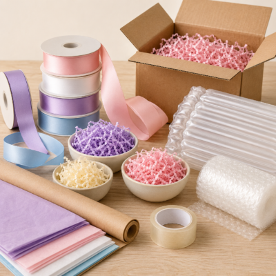 Packaging materials and supplies including ribbons, shredded paper fillers, bubble wrap, air-column bags, and tissue paper.
