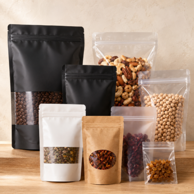 resealable-zipper-bags-stand-up-pouches.webp Resealable zipper bags and stand-up pouches in clear, kraft, black, and white for food packaging.