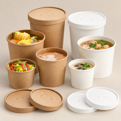 Kraft & White Paper Food Containers with Lids