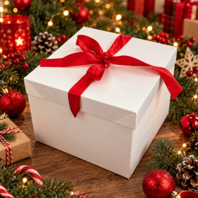 christmas gift box with red ribbon Square Gift Box with Red Ribbon